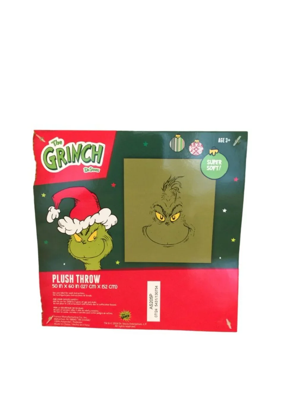 Dr Seuss How the Grinch Stole Christmas GRINCH FACE Plush Throw 50